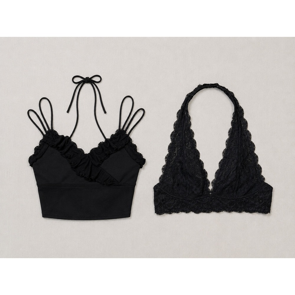 Free People Intimately Lace Bralette & FP Movement Ruffle Crop Top Set Black S